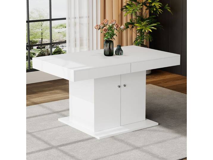 Table à manger extensible 140-180x80x76 cm blanc - Mécanisme télescopique automatique table basse de loisirs avec rangement