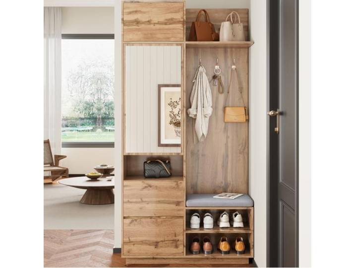 Portemanteaux pour entrée avec miroir et banc vestiaire d'entrée avec placard à chaussures et crochets crochets à vêtements Bois