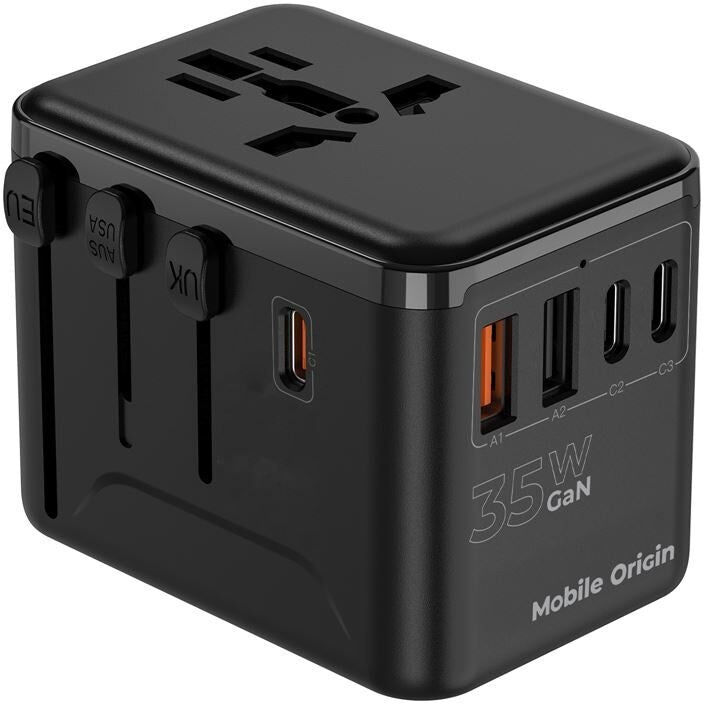 Mobile Origin PW4 Rejseadapter GaN 35W - EU / UK / US / AUS - Sort