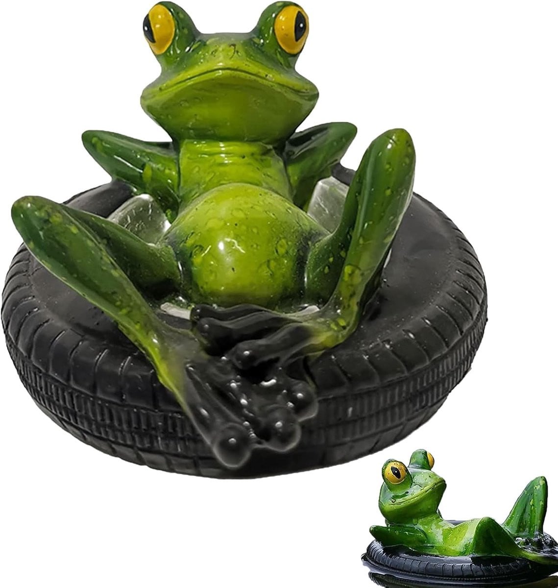 Decoratieve Zwemfrog voor Mini Vijver - Tuinfiguur voor Vijver, Patio en Balkon met Zinkbad en Zonnefontein