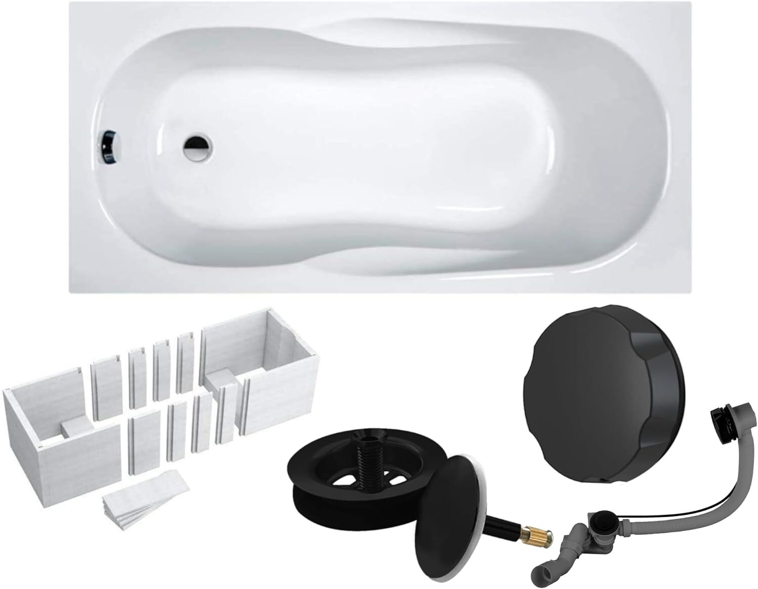 VBChome Acrylbadewanne 140 x 70 cm Weiß mit Styroporträger und Schwarz Siphon - Modern, langlebig und wärmeisolierend, perfekt für das Badezimmer