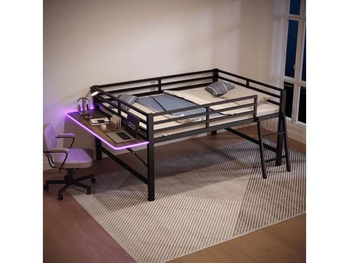 Lit Mezzanine - SOGEU - 140x200 - Bureau pliable - LED intégrée - Structure métal robuste