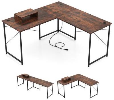 Costway 95 Inch 2-Person L-Shaped Long Reversible Computer Desk with Monitor Stand-Rustic Brown