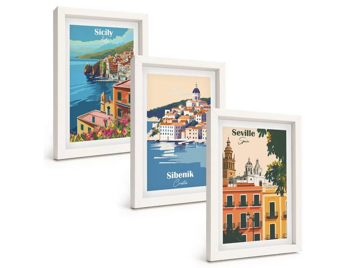 BILDER SET 3er Set - 20x30 cm Weißer Rahmen - Stadtlandschaften mit Gebäuden