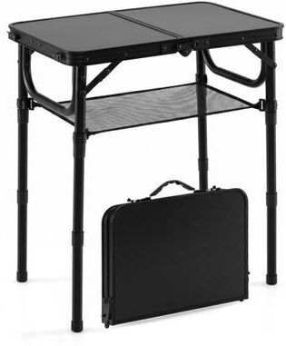 Costway 3-Height Folding Camping Table with Large Storage Net & Handle-Black
