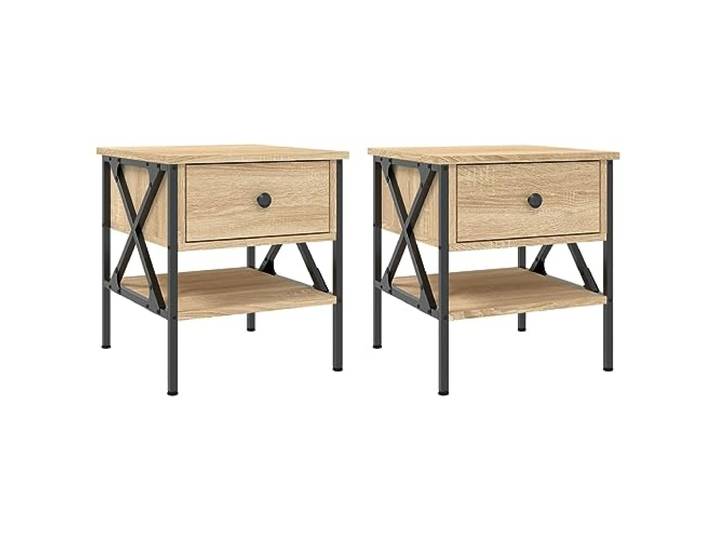 fsahslih Nachttisch 2er Set Sonoma-Eiche 40x42x45 cm Industrie Metall Industrielle Nachtkonsole fürs Schlafzimmer. Holzwerkstoff und Eisenrahmen bieten Ablagefläche und stabilen Stand.