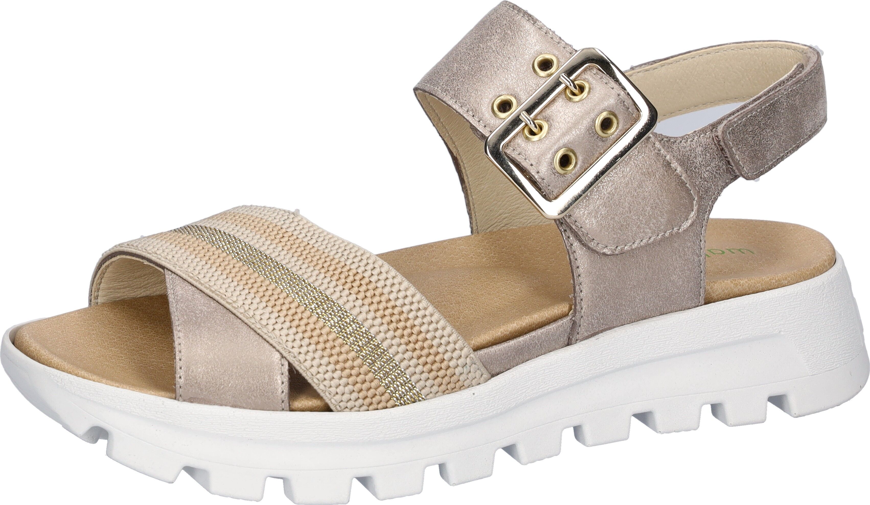 Plateausandale WALDLÄUFER "H-NELE", Damen, Gr. 4 (37), Leder, beige (goldfarben, hellbeige), Nappaleder, Textil, kontrastfarbene Details, metallic, Schuhe Plateausandale, Sommerschuh, Klettschuh, Bequemschuh in Komfortweite H (= sehr weit) goldfarben, hel