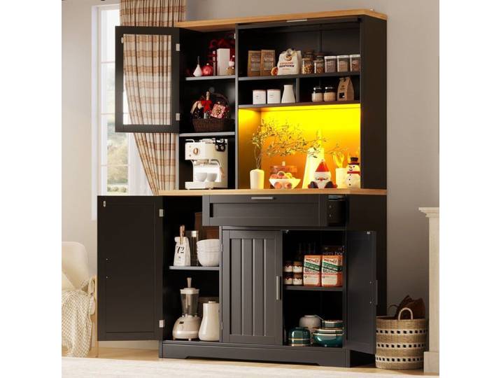 Armoire de cuisine - armoire haute / Vitrine avec éclairage LED - 104x40x180 cm - noir - pour cuisine et salon