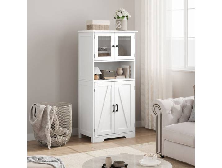 Buffet de Cuisine 130cm Armoire de Cuisine Avec 4 Portes Meuble Buffet Haut Etagère Réglable Pour Salon Salle de Bain Bureau