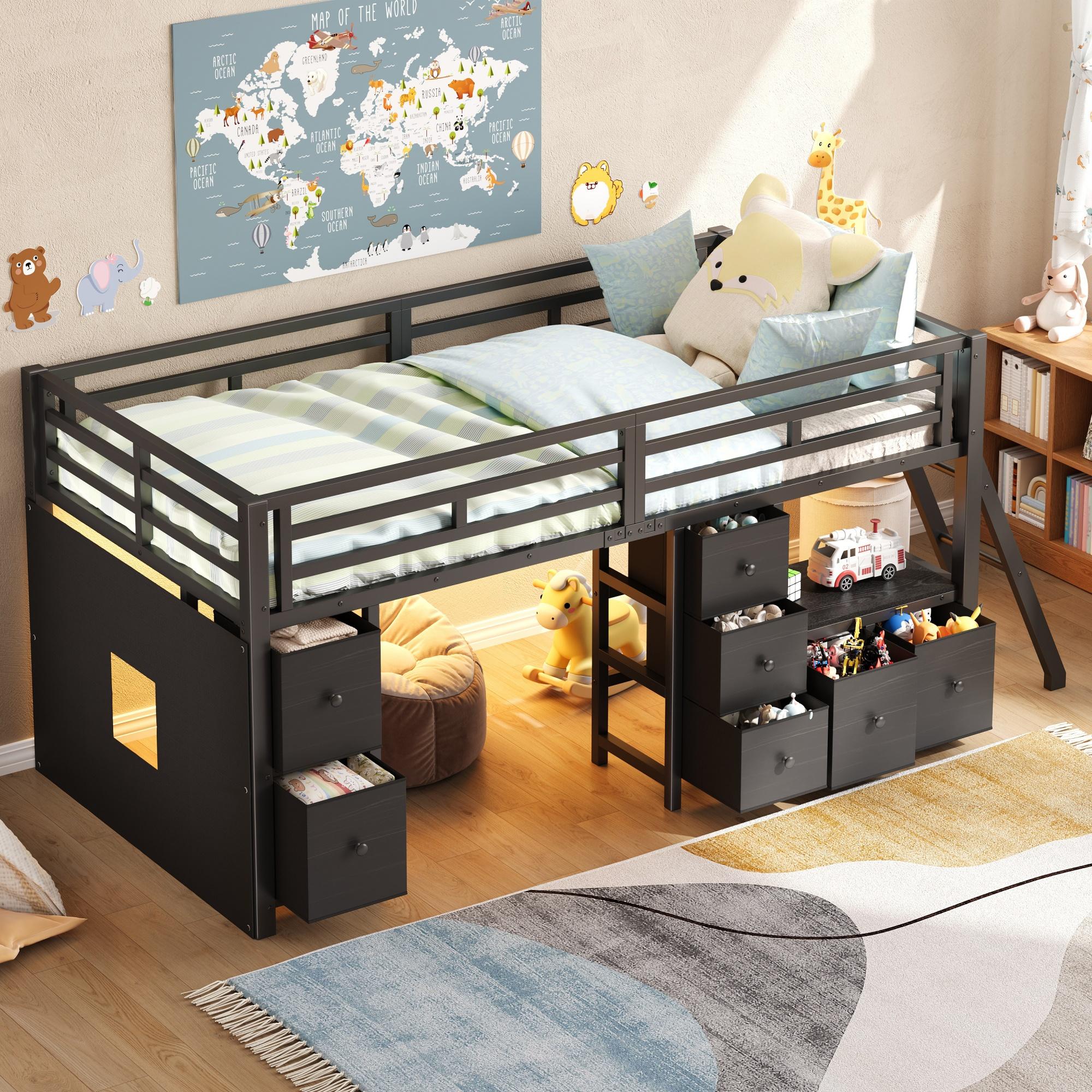 STILVORA Hochbett 90x200cm mit Matratze Bettgestell mit 7 Schubladen, Kinderbett mit LED-Beleuchtung,Halbhohes Bett mit Stauraum, Schwarz
