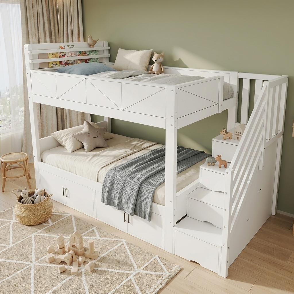 Weißes Etagenbett mit Stauraumtreppe, Schrankfächern unter dem unteren Bett, erhöhter Absturzsicherung, 90x200 cm, Weiß