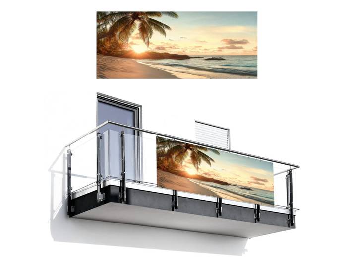 MuchoWow Balkon-Sichtschutz Strand - Palmen - Meer - Sonnenuntergang 300x120 cm, Samtahornfarben, Kunststoff, Rechteckig, 300x120 cm, Sonnenschutz, Sichtschutz