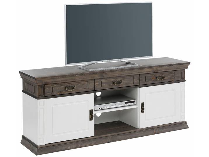 TV-Board GOODPRODUCT Vinales, Sideboard, Kommode, 3 Schubkästen, 4 Fächer , weiss (weiß, wengefarben), B:158cm H:65cm T:39cm, FSC-zertifiziertes Massivholz, Sideboards, TV-Board, Messinggriffe im Jugendstil, Zierleiste und eleganter Sockel
