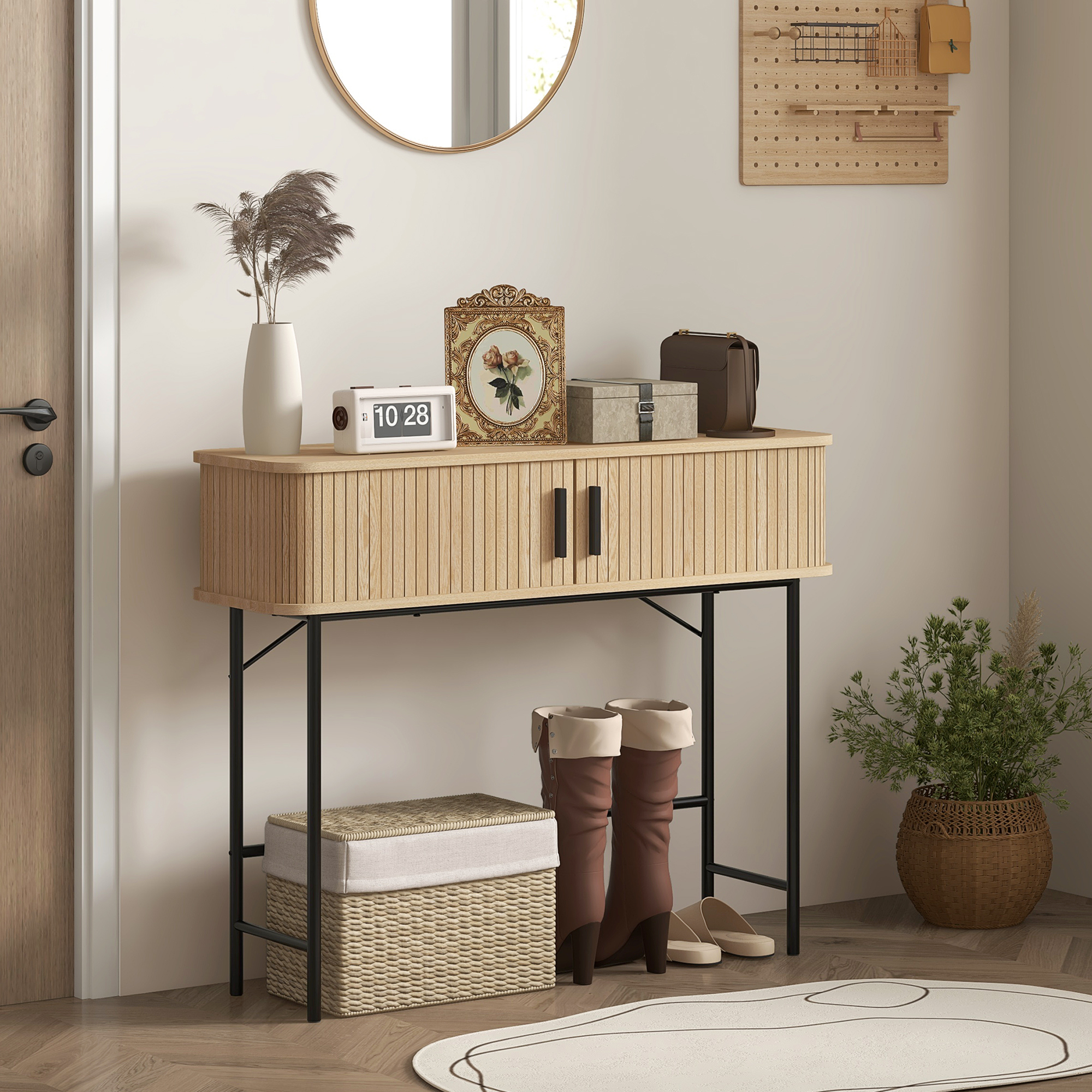 Homcom Consolle da ingresso con scomparti e ante scorrevoli, 100x30x80 cm, rovere   Aosom Italy