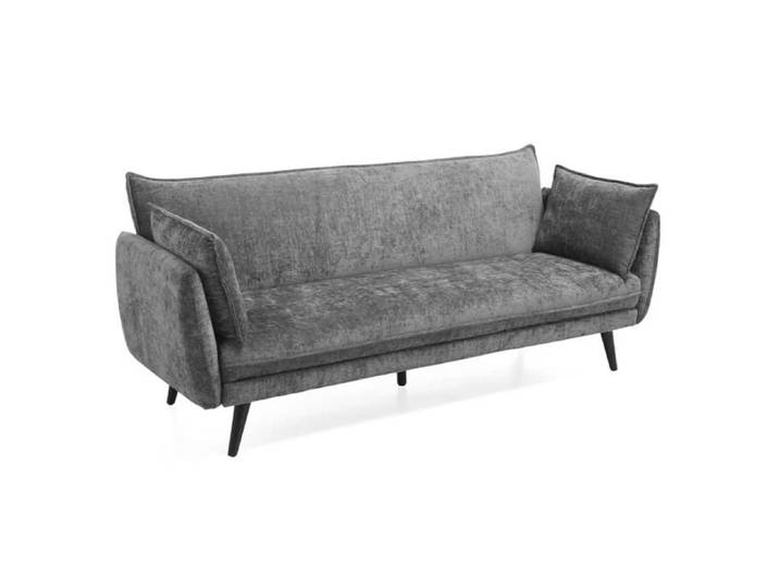 Canapé convertible en tissu doux gris et pieds en bois noir - HUGUES Meubletmoi