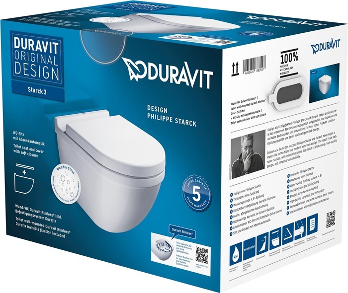 Duravit DU Wand-WC Set Starck 3, rimless, Weiß Tiefspüler, Durafix u.WC-Sitz m.Absenk.