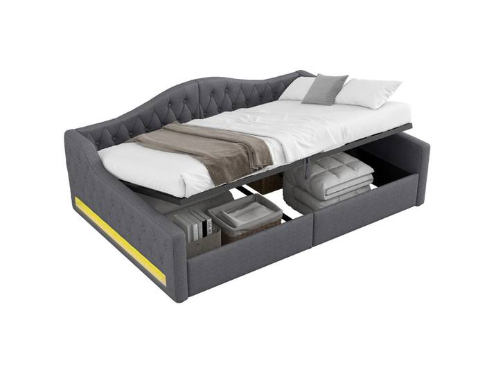 Redom Tagesbett 140/200 cm mit LED-Beleuchtung, Stauraum und Leinenpolsterung, Grau, 140x200 cm, Schlafzimmer, Betten