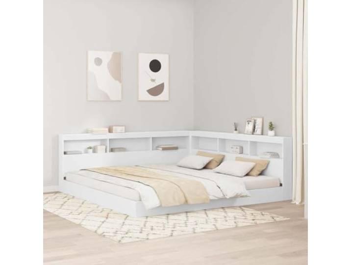 RJPLMFV Kopfteil mit Regalböden, weiß, 200 cm, Holz L-Form, integrierte Ladestation, stabile Regale, minimalistisches Design für modernes Schlafzimmer