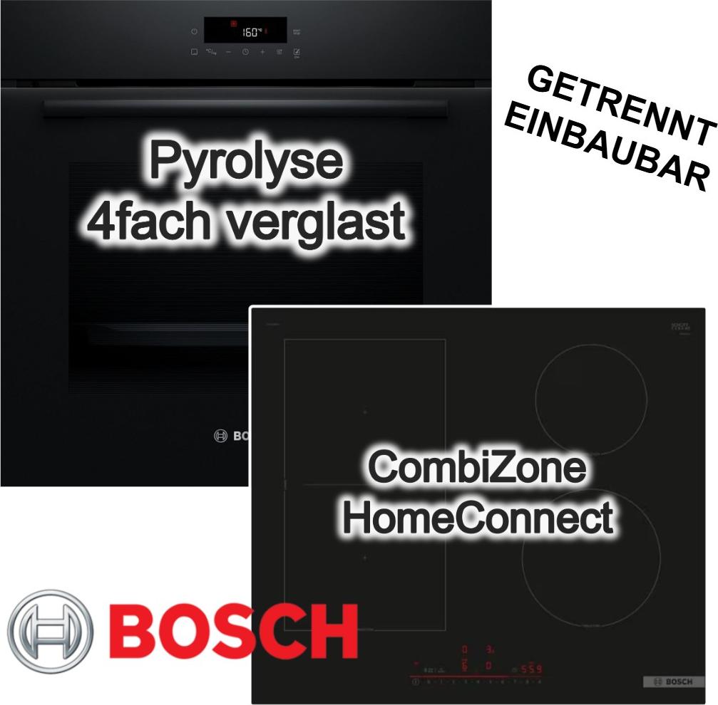 BOSCH Herdset Pyrolyse LED-TouchControl Reinigungshilfe + Induktionskochfeld 60 cm PowerBoost HomeConnect CombiZone schwarz