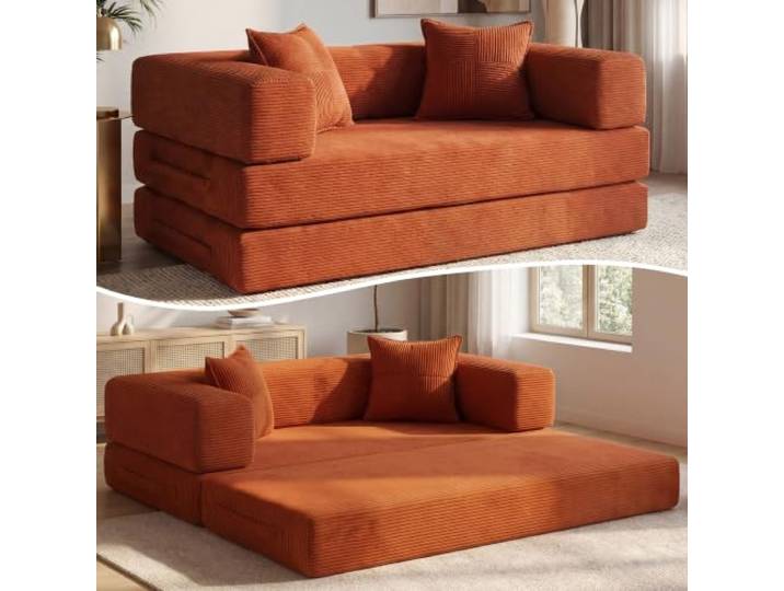 Vipbear Cordstoff Schlafsofa 200×100×70cm, 5-in-1 Umwandelbares Bodensofa aus Kord, Hochdichter Schaumstoff, Haustierfreundlich & Ergonomisch, Keine Montage, Orange