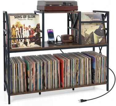 Costway Record Player Stand with Power Outlets and Vinyl Storage and Dividers for Albums-Rustic Brown