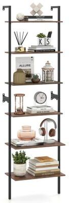 Costway 6-Tier Freestanding ladder Storage bookshelf with Metal Frame for Study and Pantry-Rustic Brown