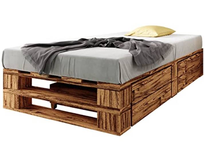 sunnypillow Paletten Bett M2 Holz 90x200cm mit Lattenrost, 2 Bett kästen Stabiles Seniorenbett Kinderbett Jugendbett Gäste Bett erhöhtes Einzelbett gestell Futonbett Komforthöhe Geflammt