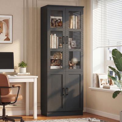 Rackcog "80"" Tall Display Bookcase with Glass Doors and Adjustable Shelves,Freestanding Storage Bookshelf for Living Room, Home Office."