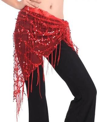Uplift Essentials Sequin Tassel Belly Dance Hip Scarf Professional Performance Waist Belt High Yield Kinetic Interaction Hub red