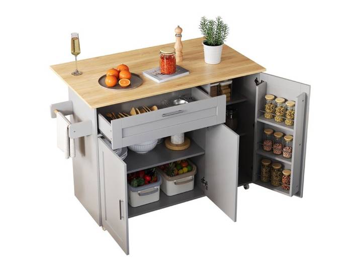Desserte de cuisine - FURNITURER - 120 x 70 x 90 cm - Plan rabattable - 1 tiroir & 2 portes - Roulettes verrouillables