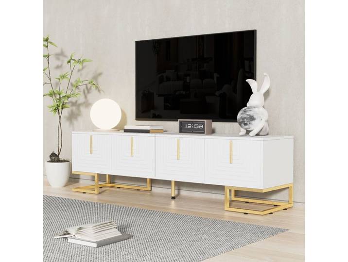 Meuble TV 170x40 cm 4 portes avec rangements charnières amorties pieds réglables blanc et métal doré