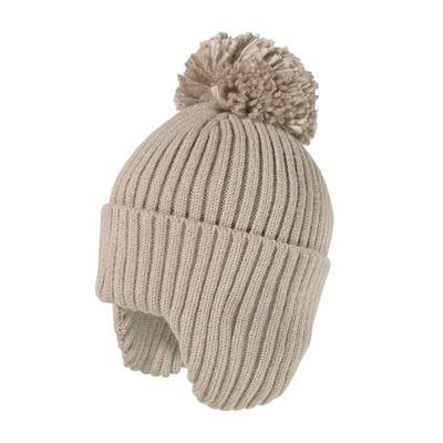 Strickmütze MAXIMO, Jungen, Gr. 53/55, braun (hellbraunmeliert), Strick, Materialmix, unifarben, Mützen Strickmütze, wärmend, breiter Umschlag, Ohrenklappen, Bommel