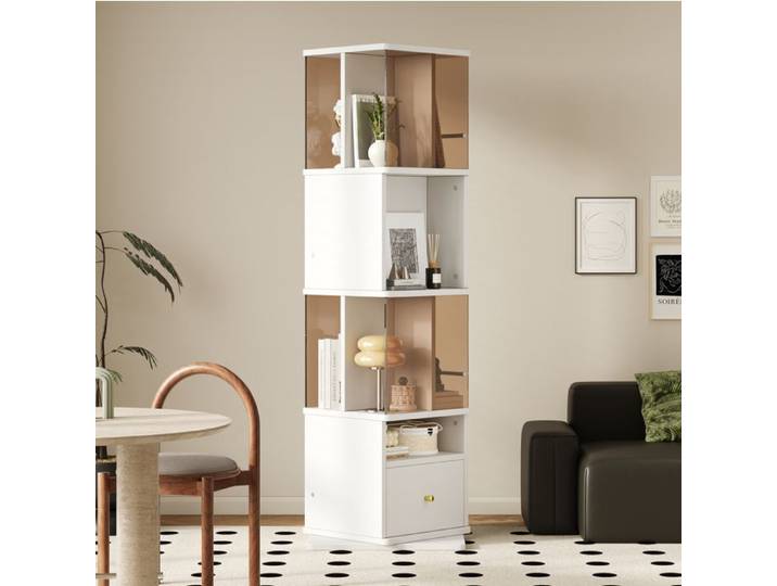 Meuble rangement vitrine pivotante 50 x 50 x 160 cm en MDF mélaminé verre trempé brun LED intégrée Grjofek