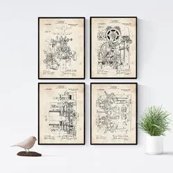 POSTER Set mit 4 Jahrgang Druckerei Patent A4 Schwarzer Rahmen