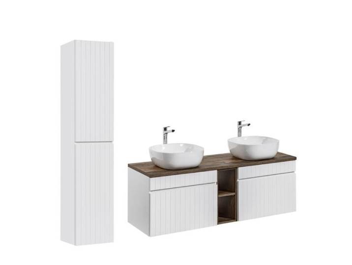 Ensemble meubles double vasques à poser avec colonne + 2 éléments - 140 cm - Emblematic White