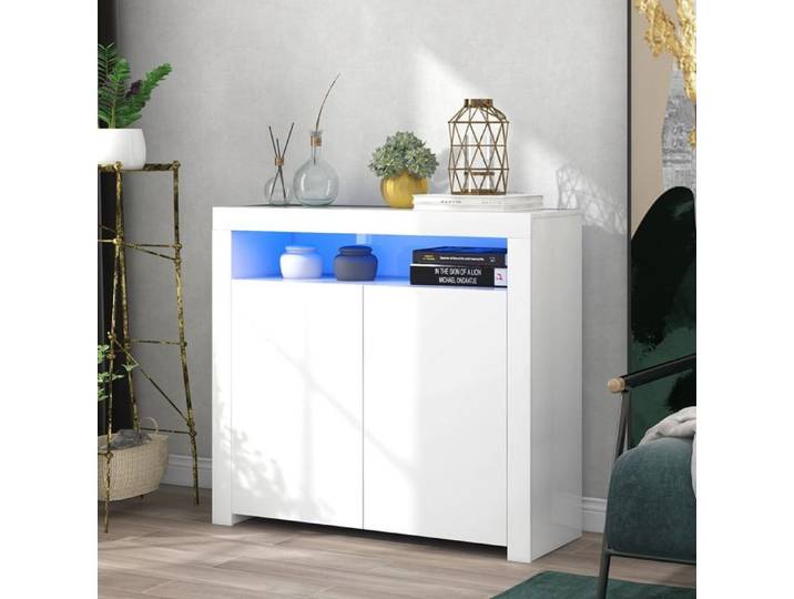 Buffet bas - SOGEU - Meuble TV - Blanc brillant - Portes coulissantes - Éclairage LED