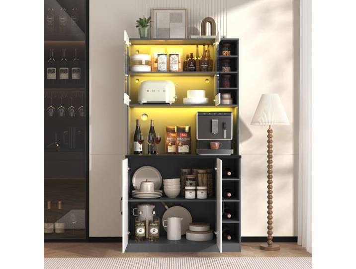 MEULVA Buffet de cuisine 100x47x187 cm avec LED niche micro-ondes portes vitrées MDF blanc et gris
