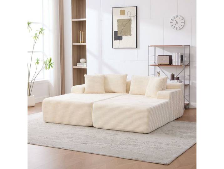 Canapé en tissu chenille teinte beige éléments modulables compressés et garniture en mousse souple 30D