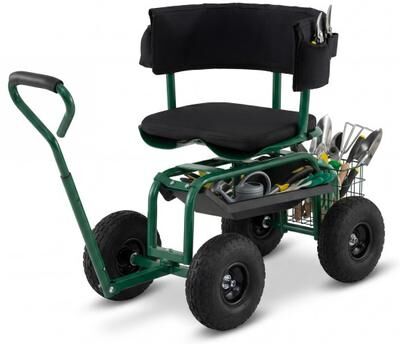 Costway Cushioned Rolling Garden Cart Scooter with Storage Basket and Tool Pouch-Green