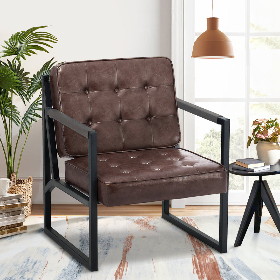 Ebern Designs Modern Faux Leather button-tufted design Accent Chair with Metal Farme 110° Recline Brown Faux Leather 83.4cm H X 66.4cm W X 72.9cm D