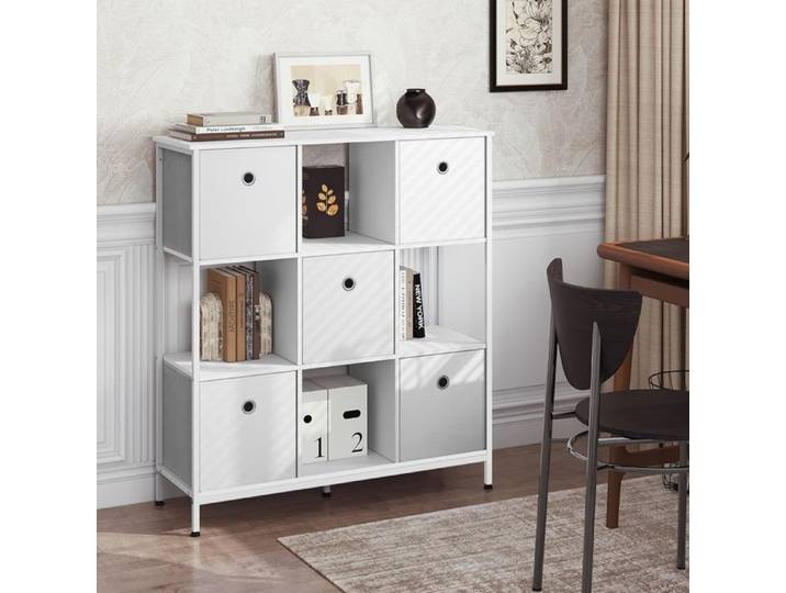 Bibliothèque WOLTU - Étagère Rangement - 4 Cubes Ouverts et 5 Tiroirs en Tissu - 90x30x100cm - Blanc W0ITT5091