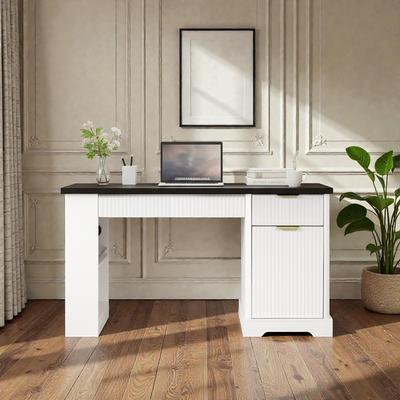 Fundinbaths 55 Inch Modern Fluted Office Desk with Storage Cabinet and Drawers, Computer Desk with Power Outlet Pegboard