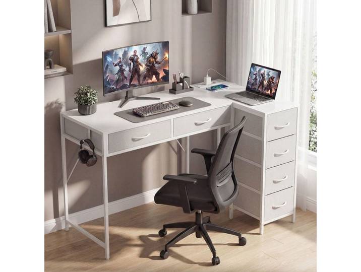 Bureau d'angle - 126 x 48 cm - Réversible gauche/droite - 6 tiroirs - Multiprise USB/USB-C