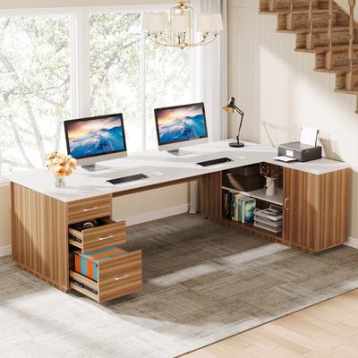 YUZHOU "85.8"" L-Shaped Executive Desk, Extra Large Office Desk with Drawers"