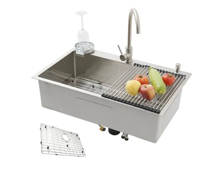 KOOGIMDDR Küchenspüle SUS304 von 80 x 50 cm, aus Edelstahl, multifunktional, handgefertigt, mit Abflussgitter, große Küchenspüle mit einer Wanne, mit Wasserhahn und verschiedenen Zubehörteilen