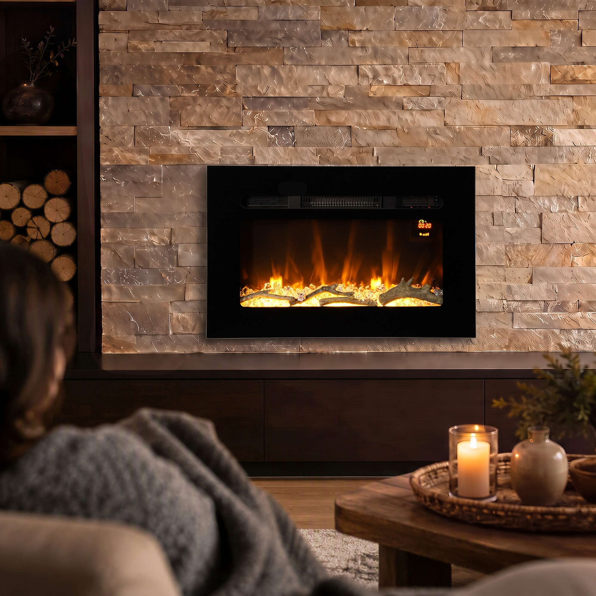 Homcom Caminetto Elettrico 60 cm da Incasso o Parete, 1800W, Timer 24 Ore, Fiamma Regolabile, Cristalli   Aosom Italy