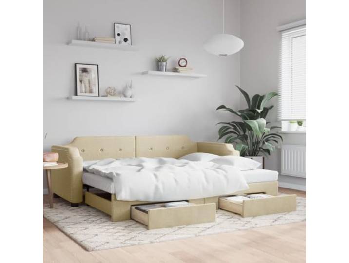 RJPLMFV 2-in-1-Tagesbett mit Ausziehbett und Schubladen, 100 x 200 cm, cremefarben