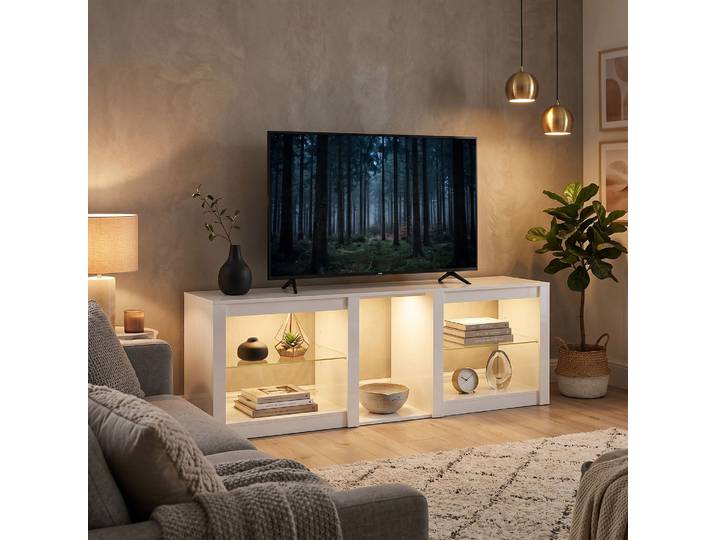 HOMCOM Meuble TV Moderne LED Blanc, Étagères Verre, 190,5cm