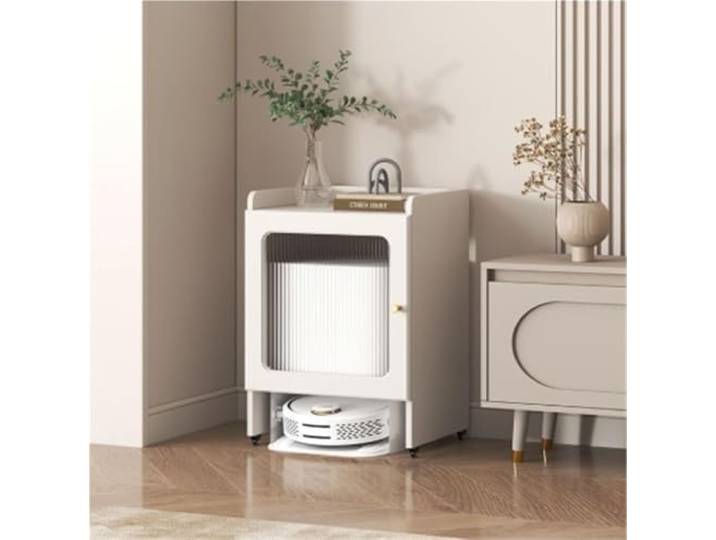 Roboter-Vakuum-Aufbewahrungsschrank Glastüren Versteckten Holzschrankrädern For Die Küche Und Das Wohnzimmer, Jetzt Zu Hause Verwenden(White,Stand)