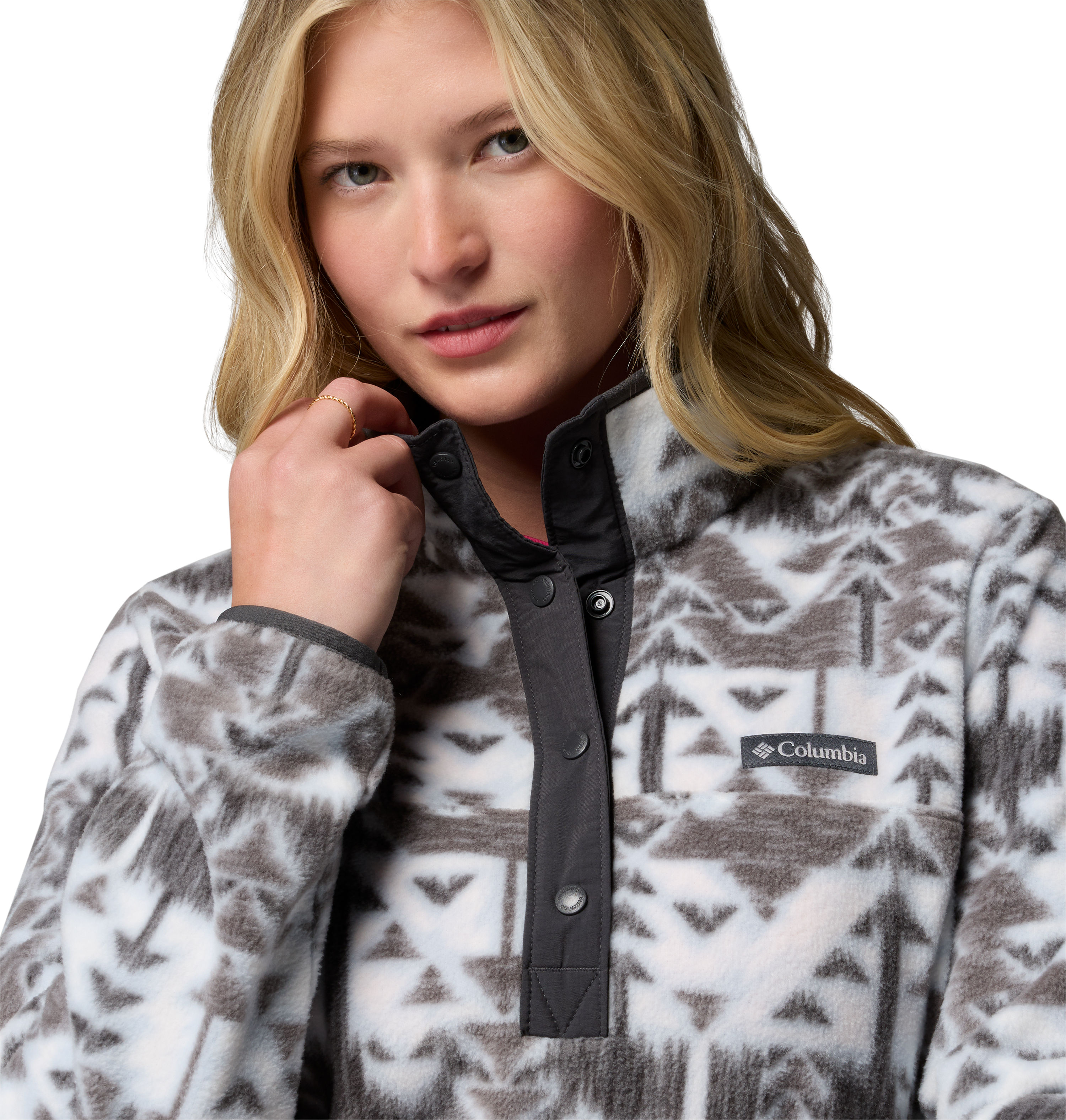 Fleecepullover COLUMBIA "Benton Springs Printed 1/2 Snap", Damen, Gr. L (42/44), cirrus grau, sketchup, Obermaterial: 100% Polyester, Sweatshirts Fleecepullover, mit Halber Druckknopfverschluss, Langarm-Design, aus Nylon cirrus grau, sketchup L (42/44)